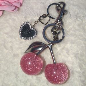 Louis Vuitton Upcycled Epi Leather Heart Charm Pink Glitter Cherry Bag Charm